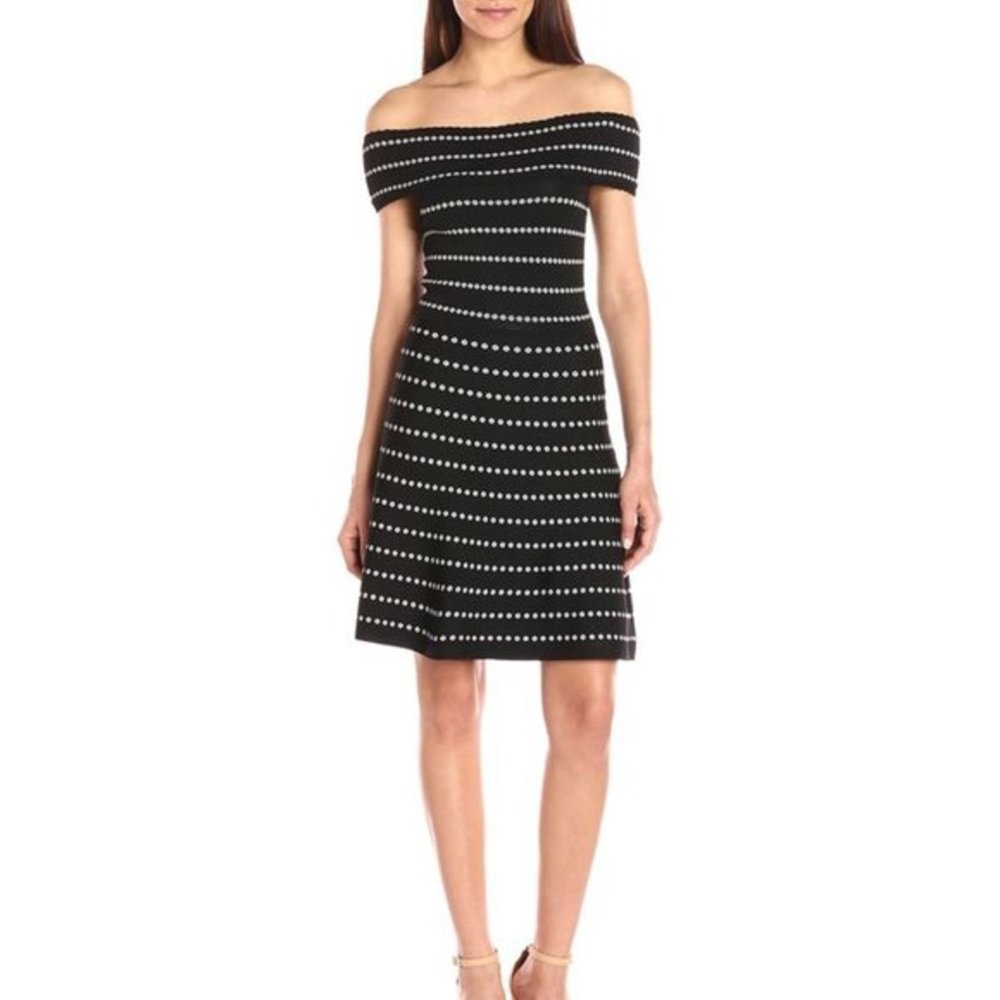 RACHEL Rachel Roy Women’s Dot Stripe Off The Shoulder Sweater Dress